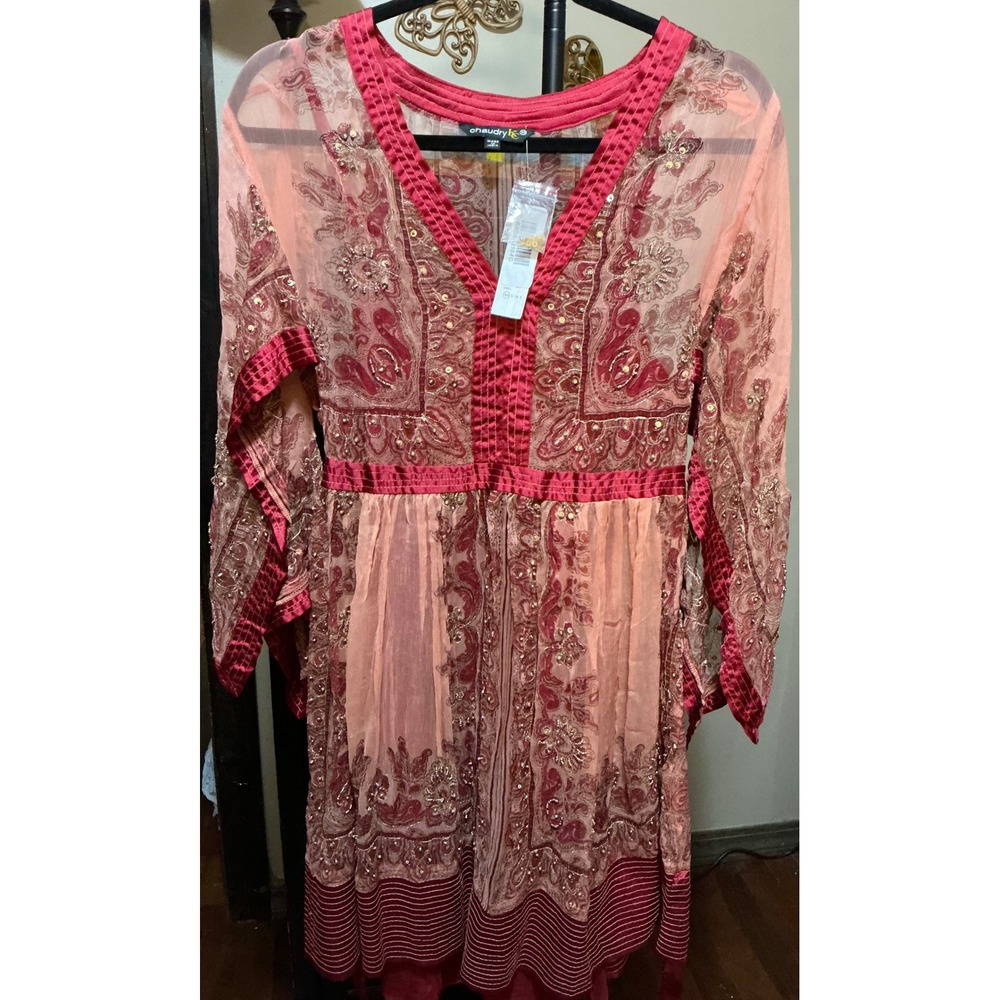 Chaudry KC Kaftan Paisley Sequin Slip Dress Coral Burgundy XS NWT